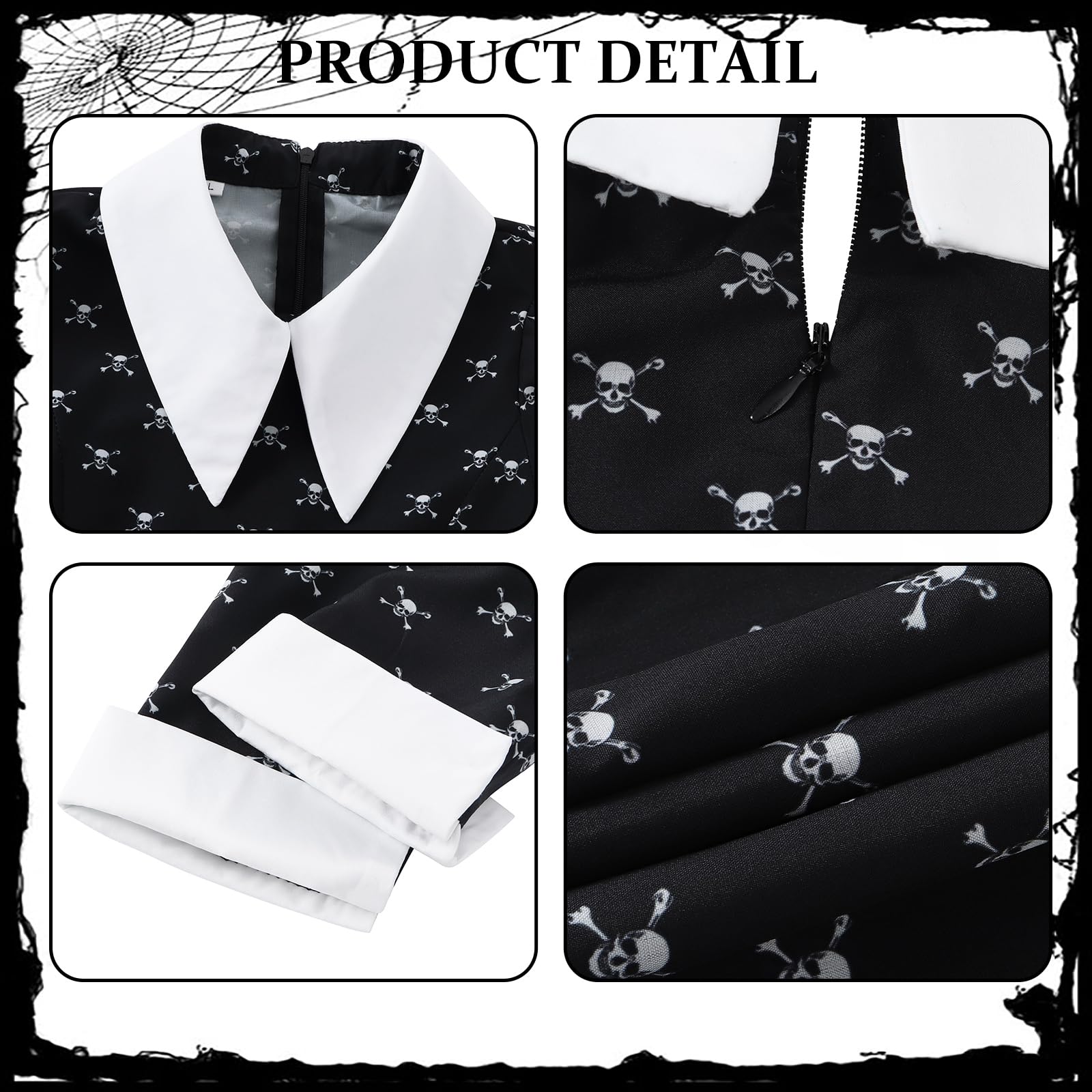 Girls Black Halloween Costume Set – Skull Print Dress, Necklace, Hairpin & Socks (Kids Princess Cosplay)