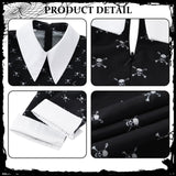 Girls Black Halloween Costume Set – Skull Print Dress, Necklace, Hairpin & Socks (Kids Princess Cosplay)
