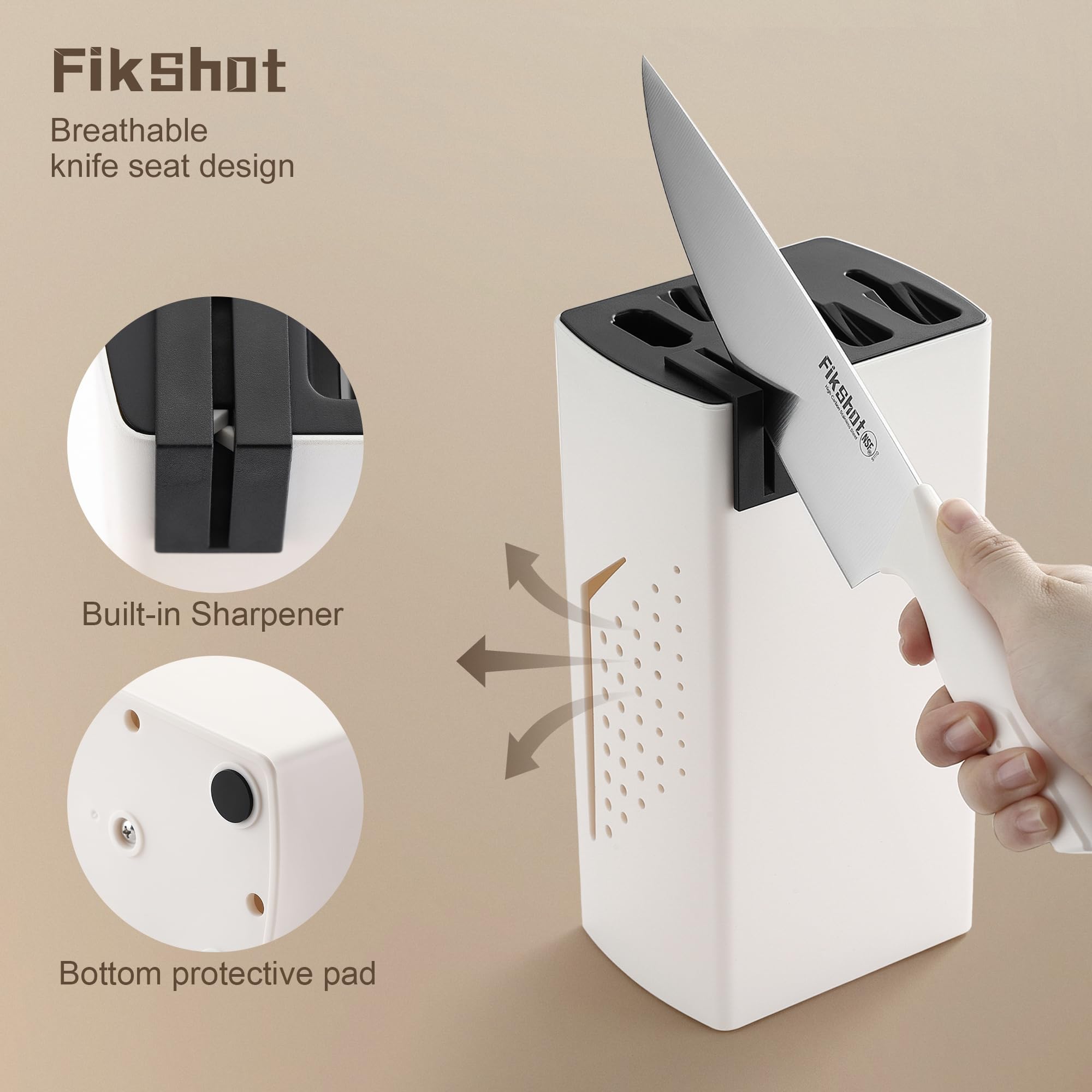 6-Piece Stainless Steel Knife Block Set with Built-In Sharpener – NSF Certified (White)