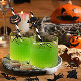 Halloween Paper Straws with Pumpkin, Bat & Witch Card Toppers – 18 Pcs Black/White Party Drinking Straws