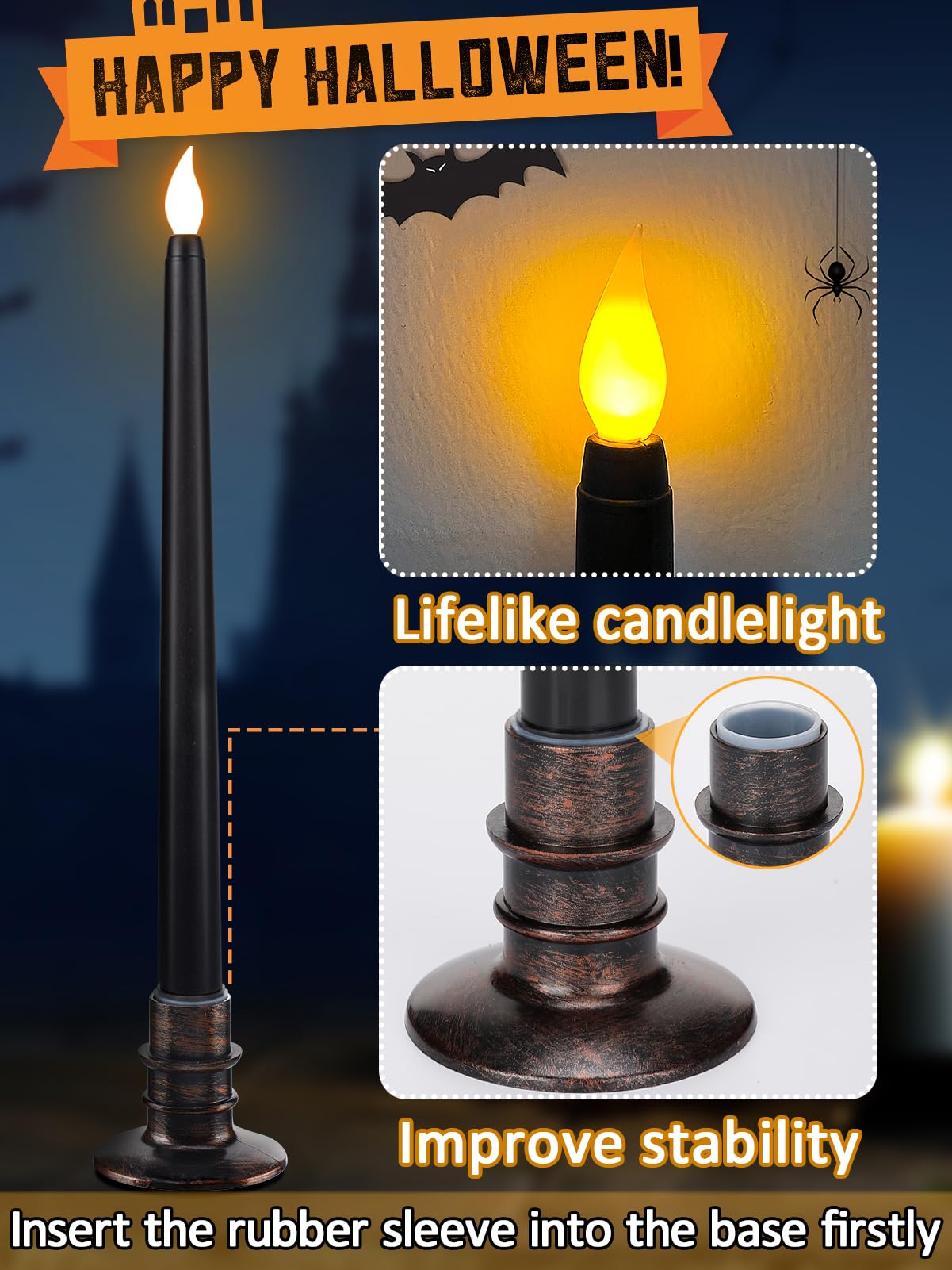 6 Pcs Black LED Halloween Candles with Holders – Flickering Flameless Tapered Candles for Spooky Decor