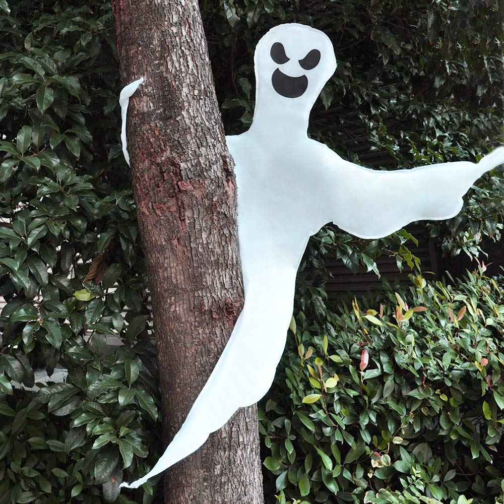 Happy Halloween Tree Ghost Decoration – 53” White Wrap-Around Ghost with Adjustable Arms (Weatherproof Outdoor Decor)