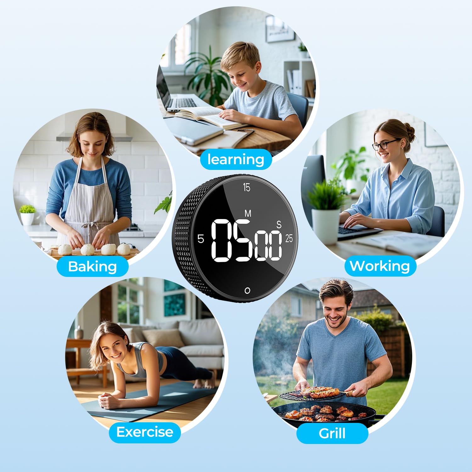 ALLBEAN Magnetic Kitchen Timer with Rotating Dial, Loud Alarm & Large LED Display – Black