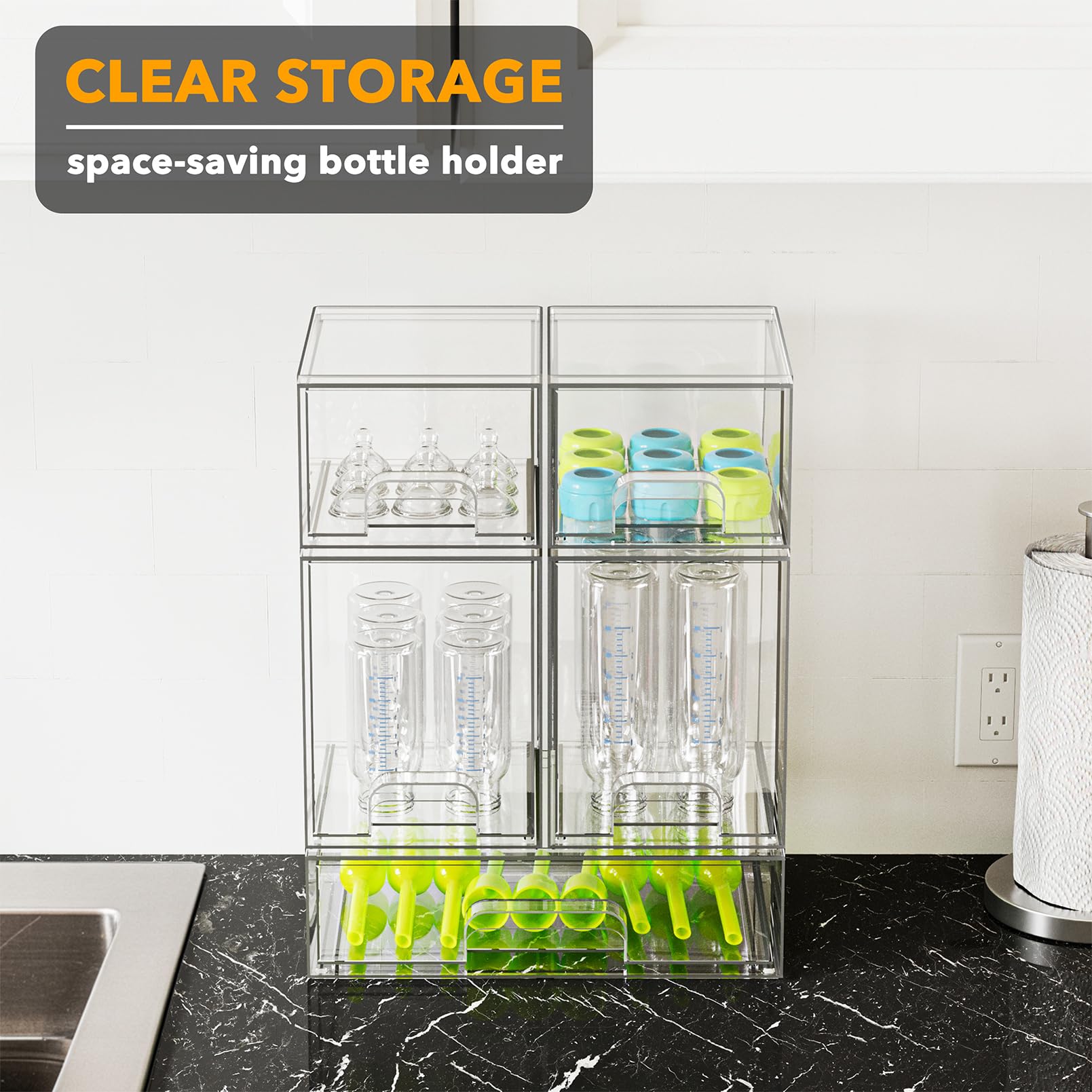 Stackable Bottle Storage Organizer (5-Pack) – Clear Acrylic Drawer System for Baby Bottles, Vanity & Countertop