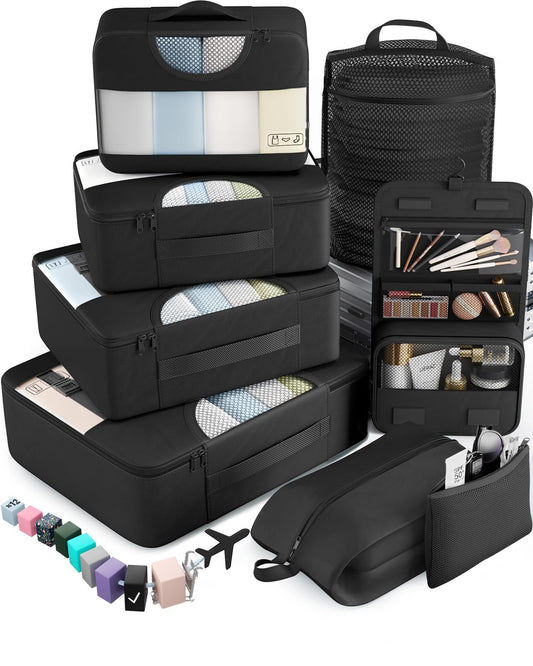 Travel Packing Cubes Set with Hanging Toiletry Bag – Lightweight Luggage Organizer Bags with Breathable Mesh & Laundry Bag
