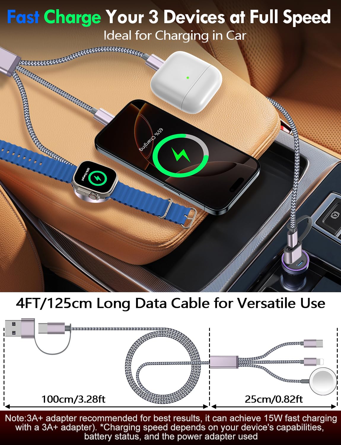 2-Pack 3-in-2 Multi Charging Cable for iPhone, Apple Watch & USB-C Devices – Travel Charging Cord (Gray)
