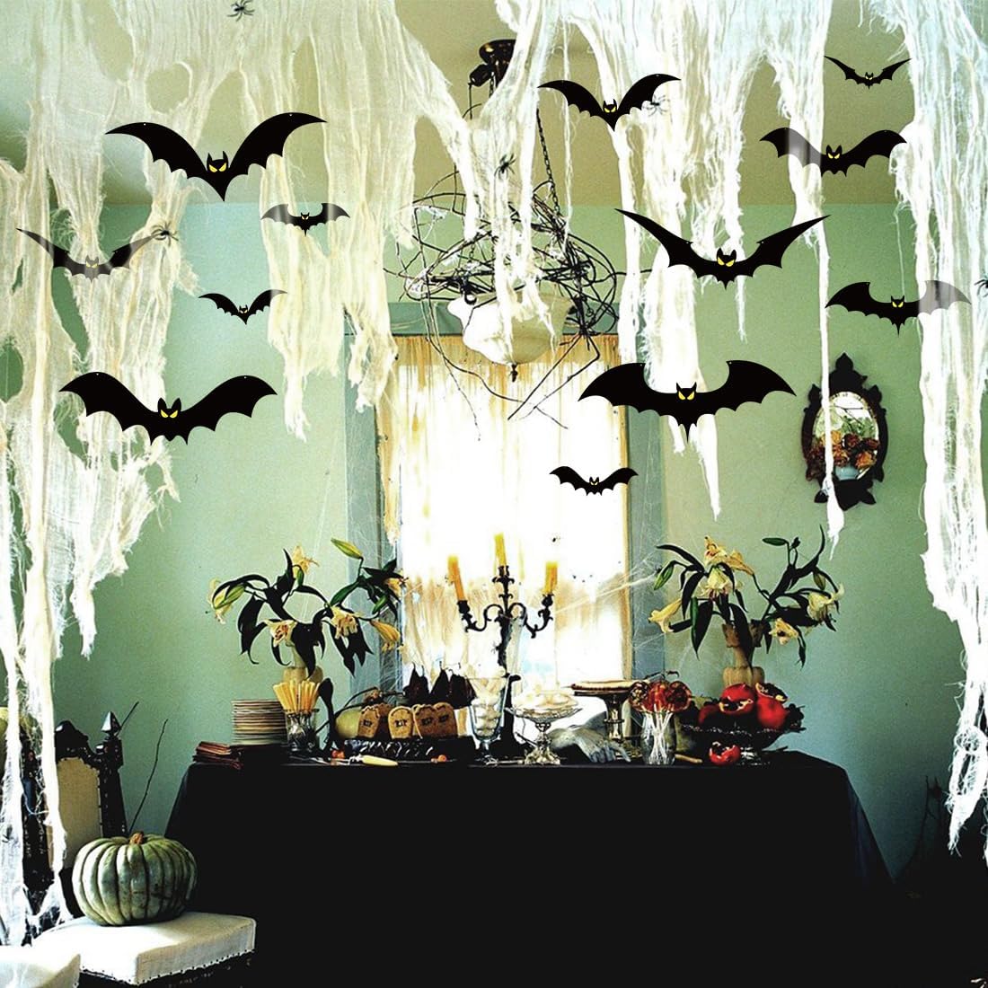 Halloween Hanging Bats Decorations – 20 PCS Set with Glowing Eyes & Fishing Line (3 Sizes Included)