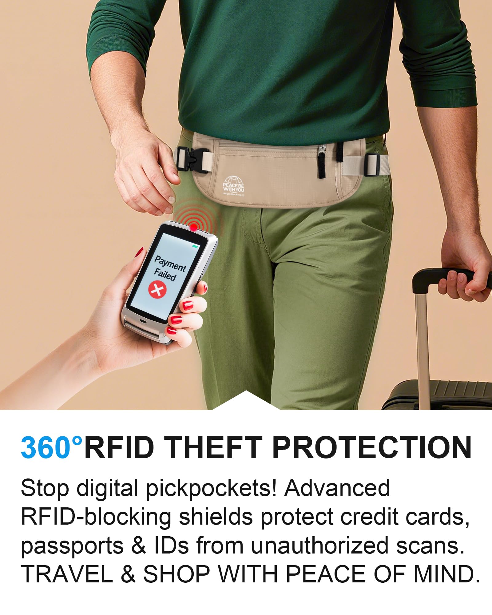 Hidden Travel Money Belt with RFID Blocking – Sweat-Proof Waist Wallet for Secure Storage (Beige)