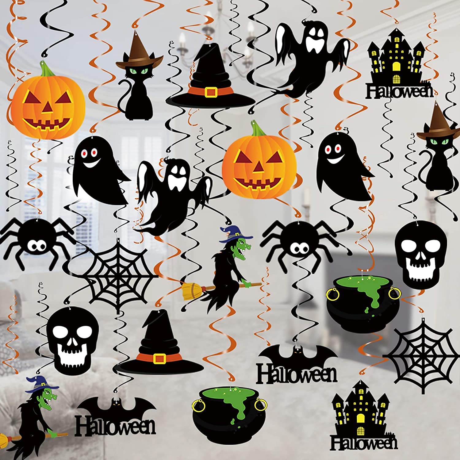 Halloween Hanging Swirl Decorations – 36 Pack Pre-Assembled Ceiling & Wall Party Décor with Bats, Ghosts, Skulls & Pumpkins (Black)