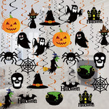 Halloween Hanging Swirl Decorations – 36 Pack Pre-Assembled Ceiling & Wall Party Décor with Bats, Ghosts, Skulls & Pumpkins (Black)