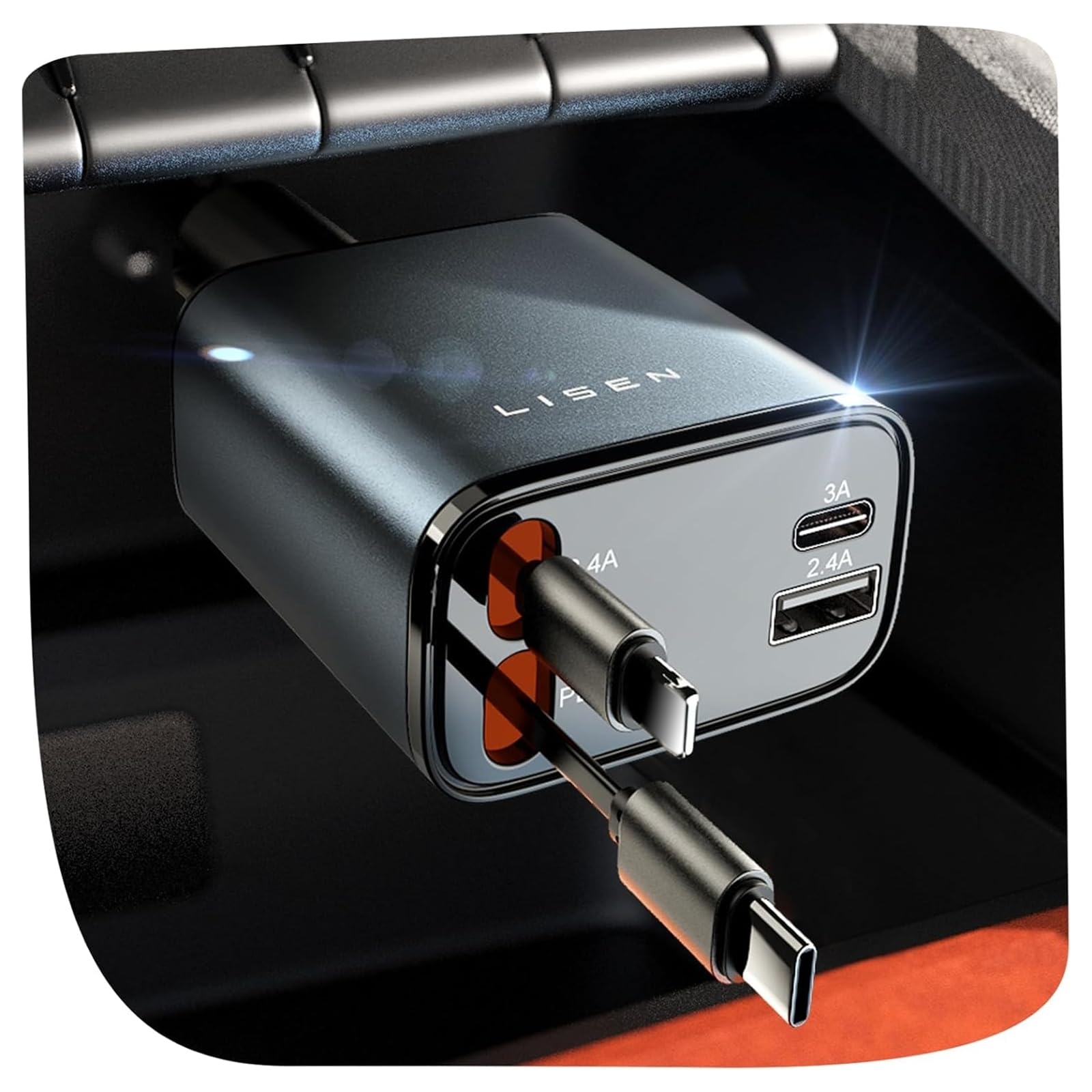 4-in-1 Retractable Car Charger 69W – Fast USB-C Car Charger with Dual Cables & 4 Ports for iPhone, Android & Travel