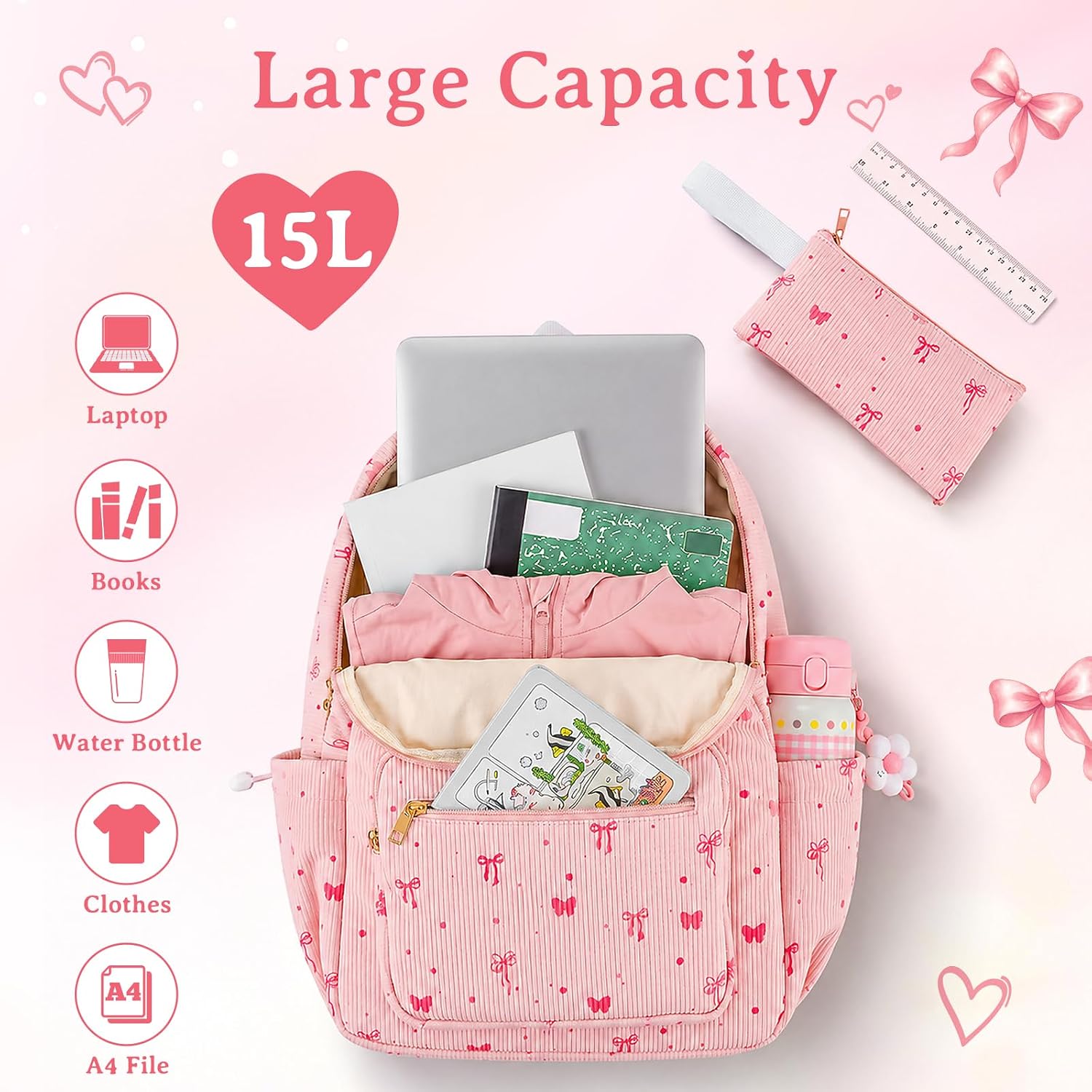 Pink Bow Corduroy Backpack Set with Lunch Bag