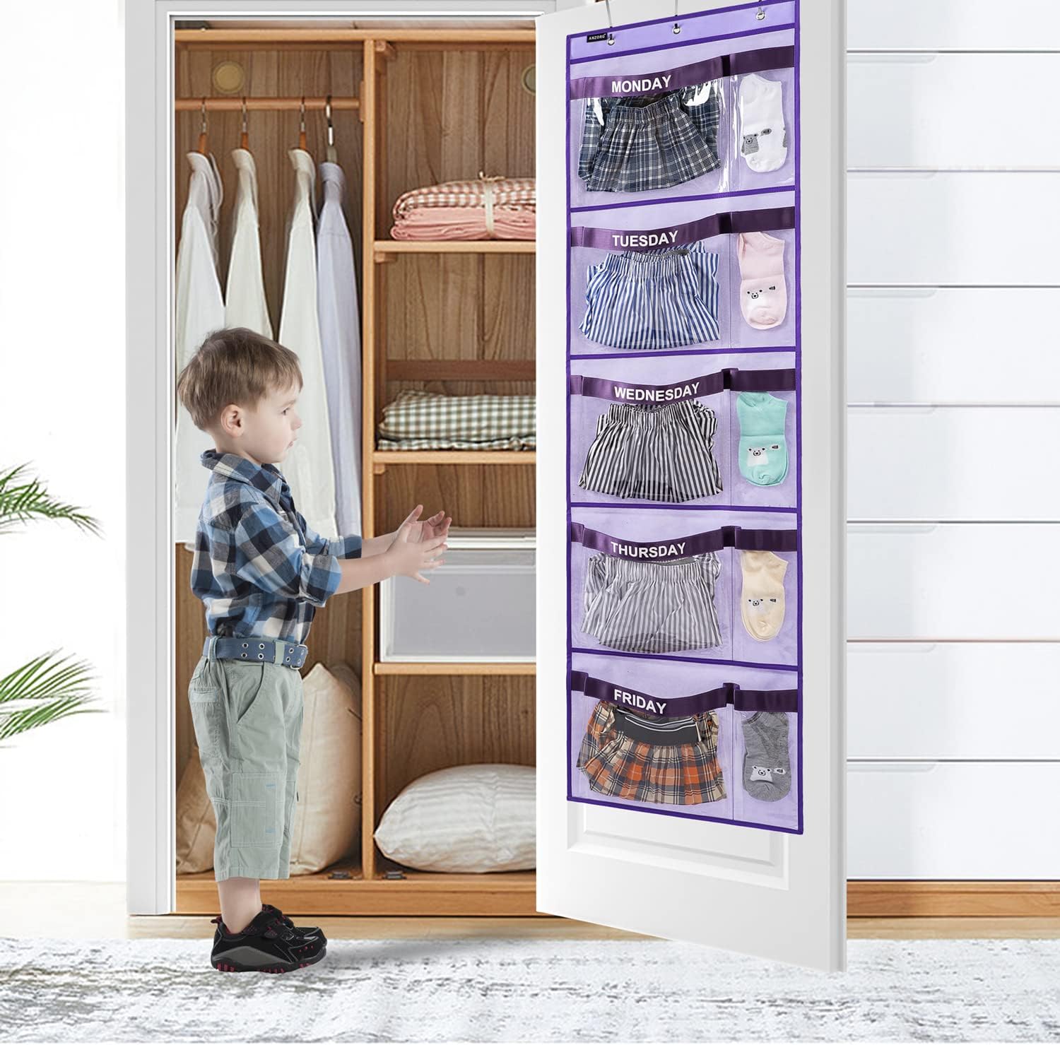 Purple Monday-Friday Kids Hanging Clothes Organizer