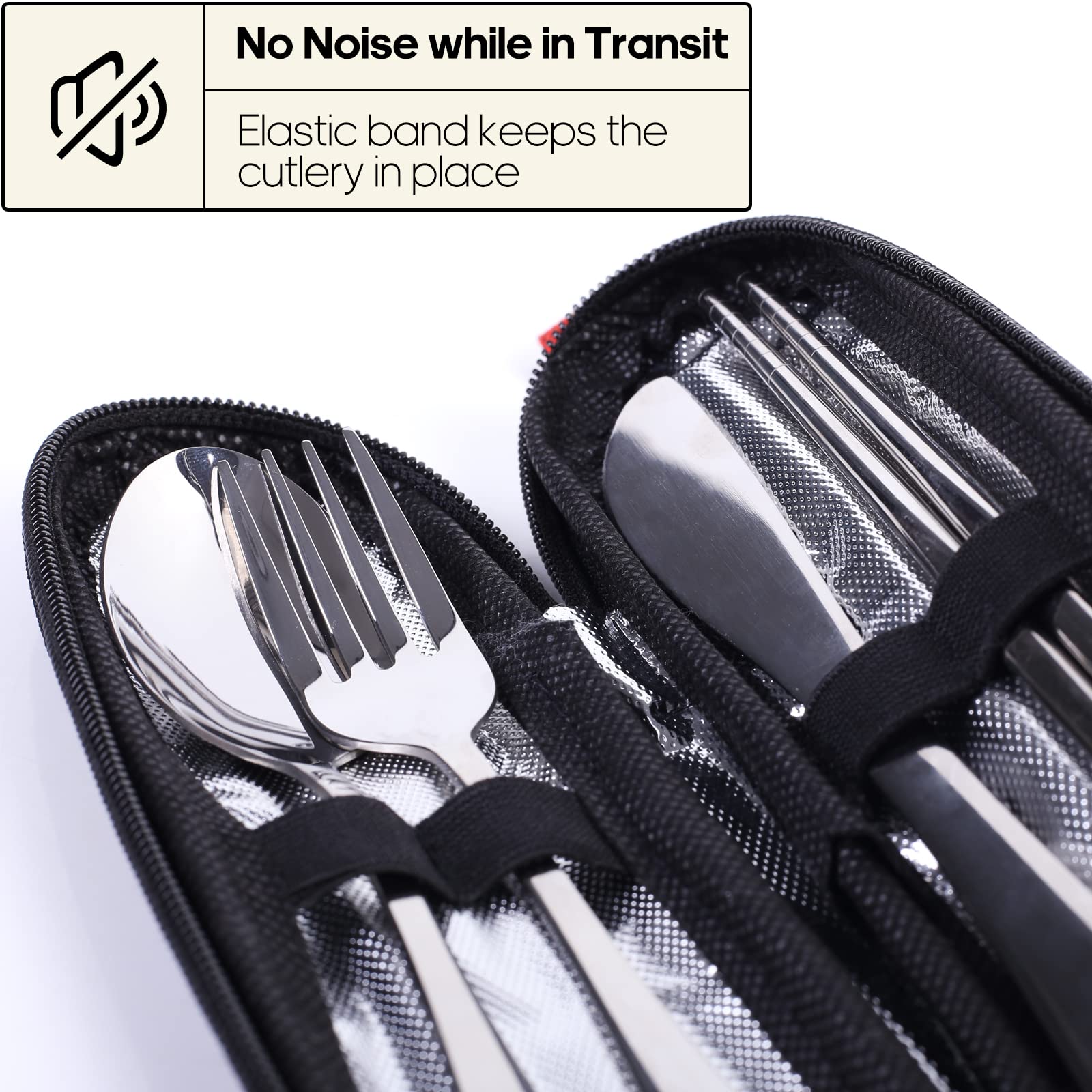 Portable Stainless Steel Travel Utensil Set with Case – Reusable Fork, Spoon, Knife & Chopsticks for Office, Camping & Lunch (Silver)