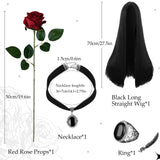 Women’s Gothic Halloween Costume Set – Long Black Dress, Wig, Rose, Ring & Necklace (5pcs)
