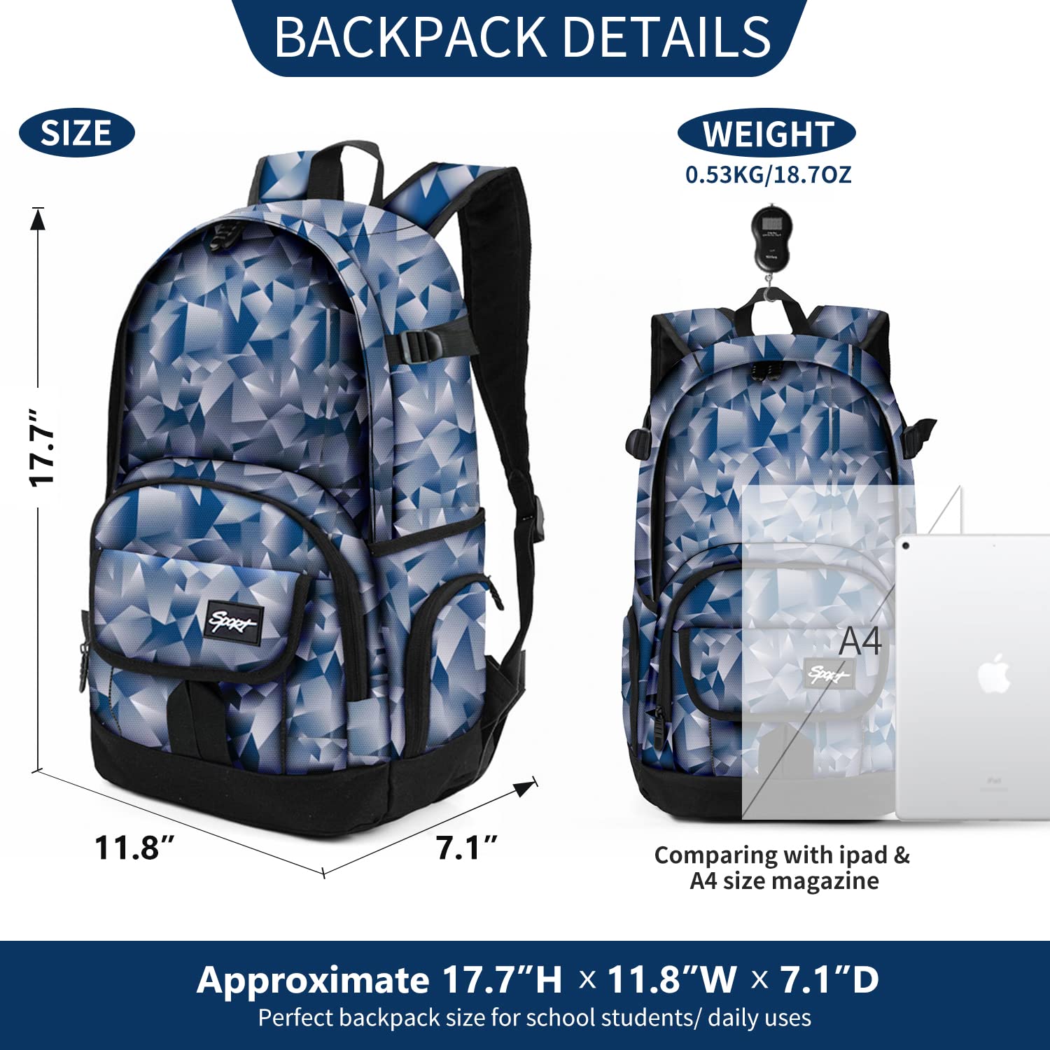RickyH Style School & College Backpack with Laptop Compartment, Lightweight Multi-Pocket Daypack