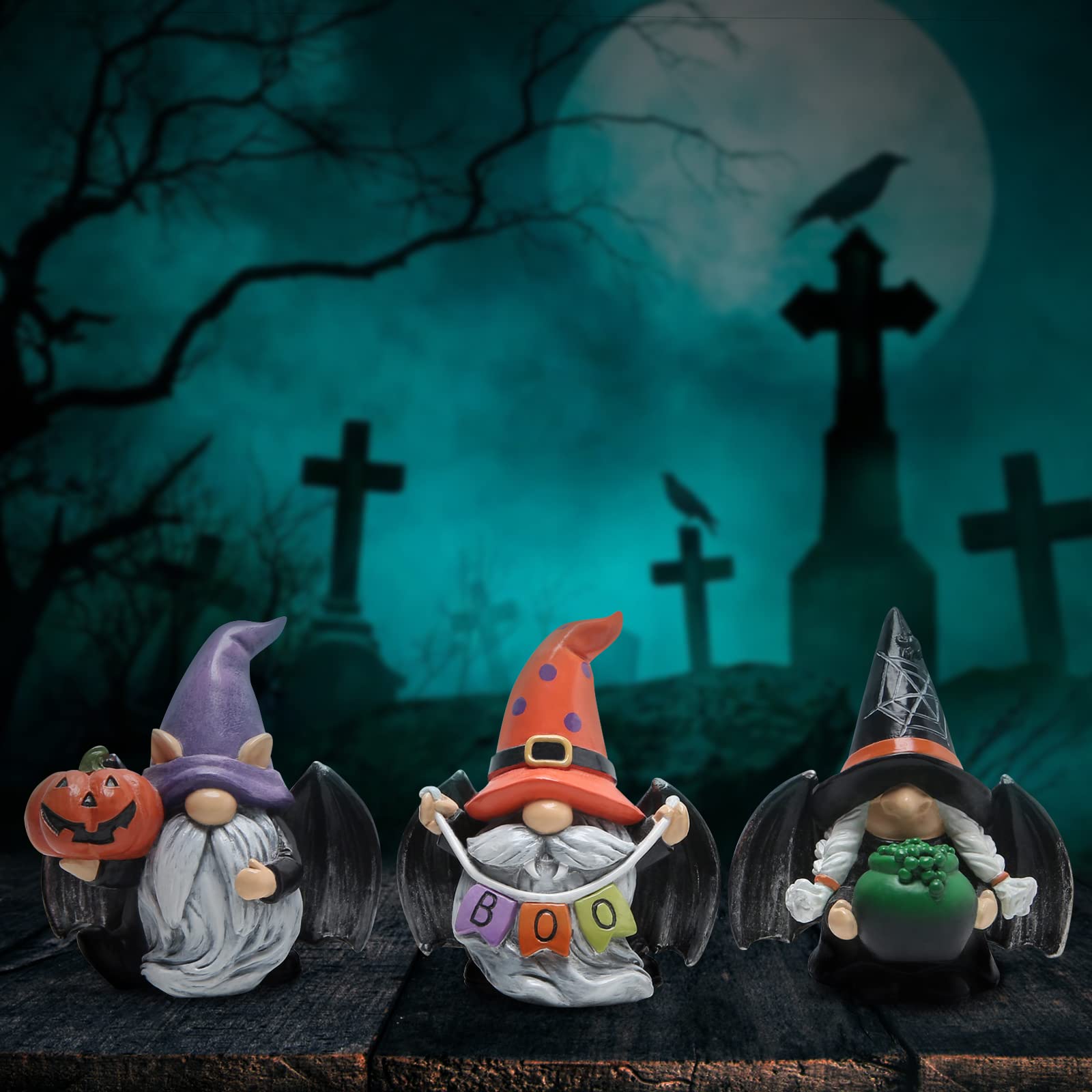 Black-Wing Halloween Gnomes – Handcrafted Resin Figures with Wings & Pumpkin Details for Festive Decor