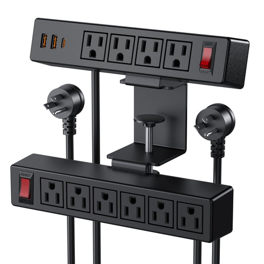 13-Outlet Desk Clamp Power Strip with USB-C Fast Charging & Surge Protection – Dual Layer Mount Charging Station Black