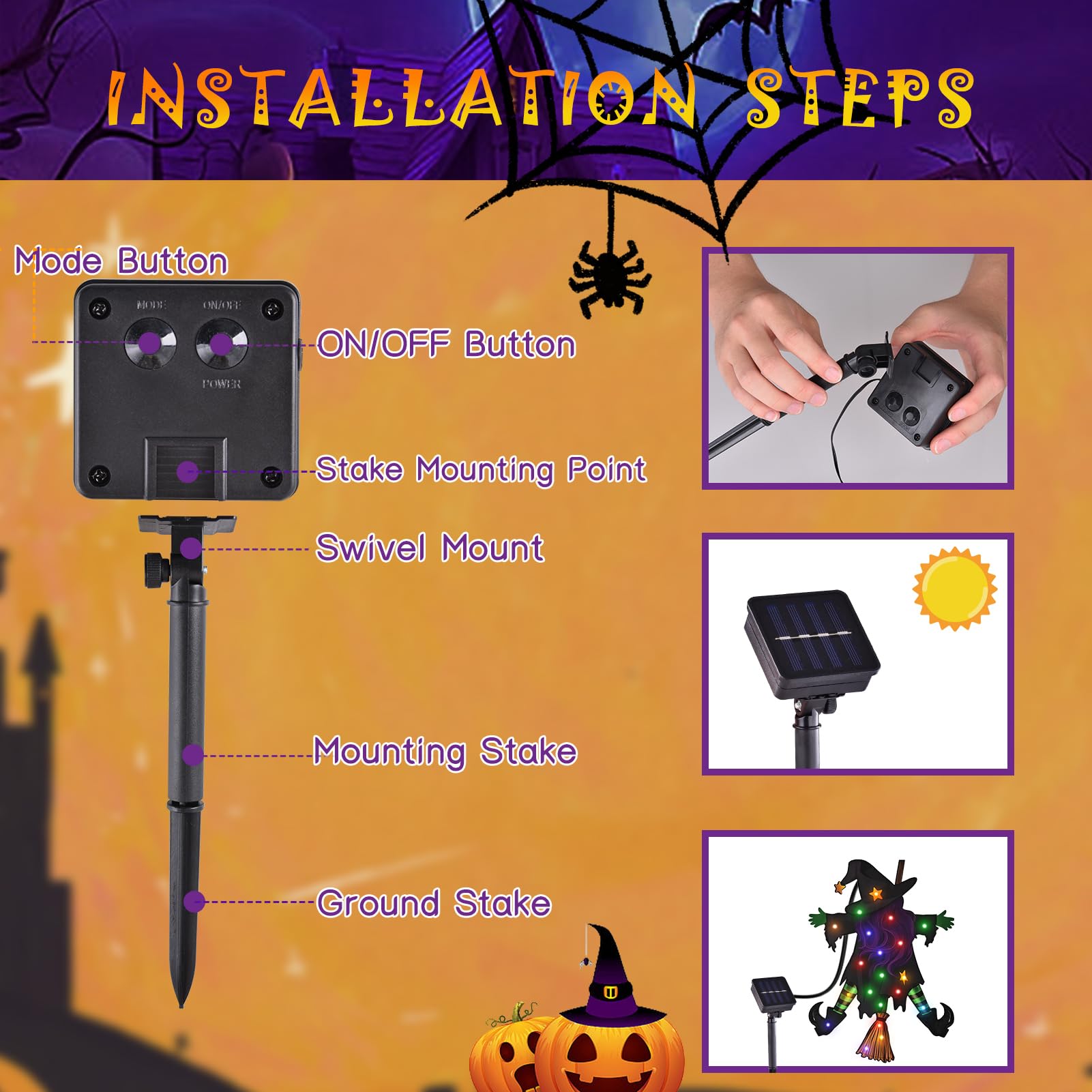 Solar Lighted Halloween Garden Flag – 23x16" Double-Sided Witch Design with 8 Lighting Modes & Weatherproof Fabric