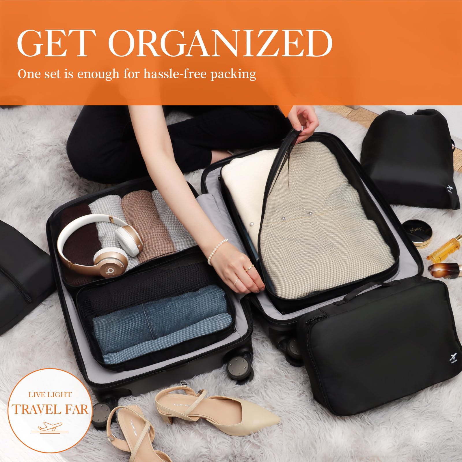 HOTOR 6-Piece Travel Packing Cubes Set for Luggage, Lightweight Suitcase Organizers with Shoe Bag and Underwear Pouch