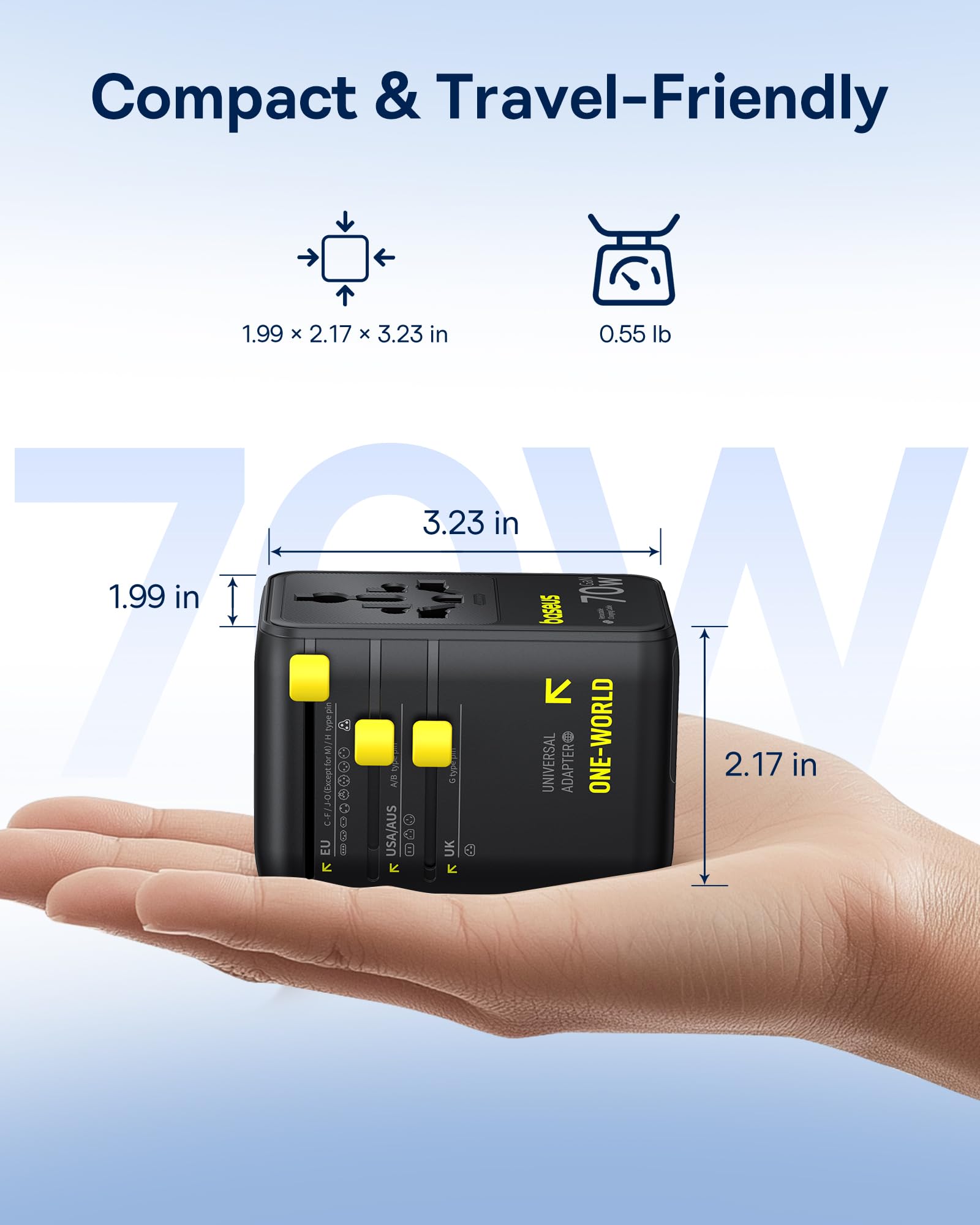 Baseus 70W Universal Travel Adapter – 6-in-1 Worldwide Charger with Retractable USB-C Cable (Black)