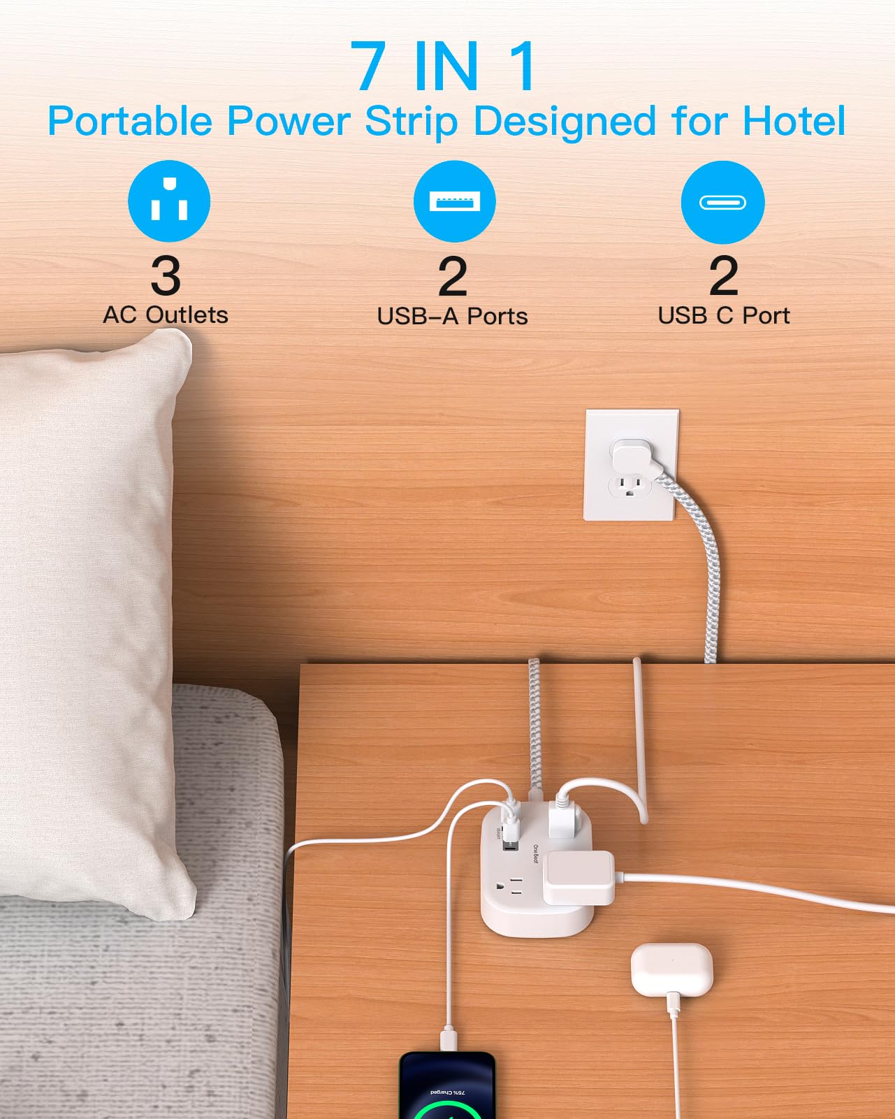 One Beat Cruise Power Strip with USB-C – Flat Plug Extension Cord, 3 Outlets & 4 USB Ports (2025)