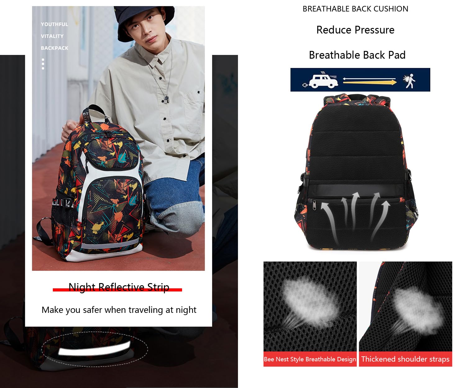 American Football Player Graphic Backpack with Reflective Strip and Laptop Compartment