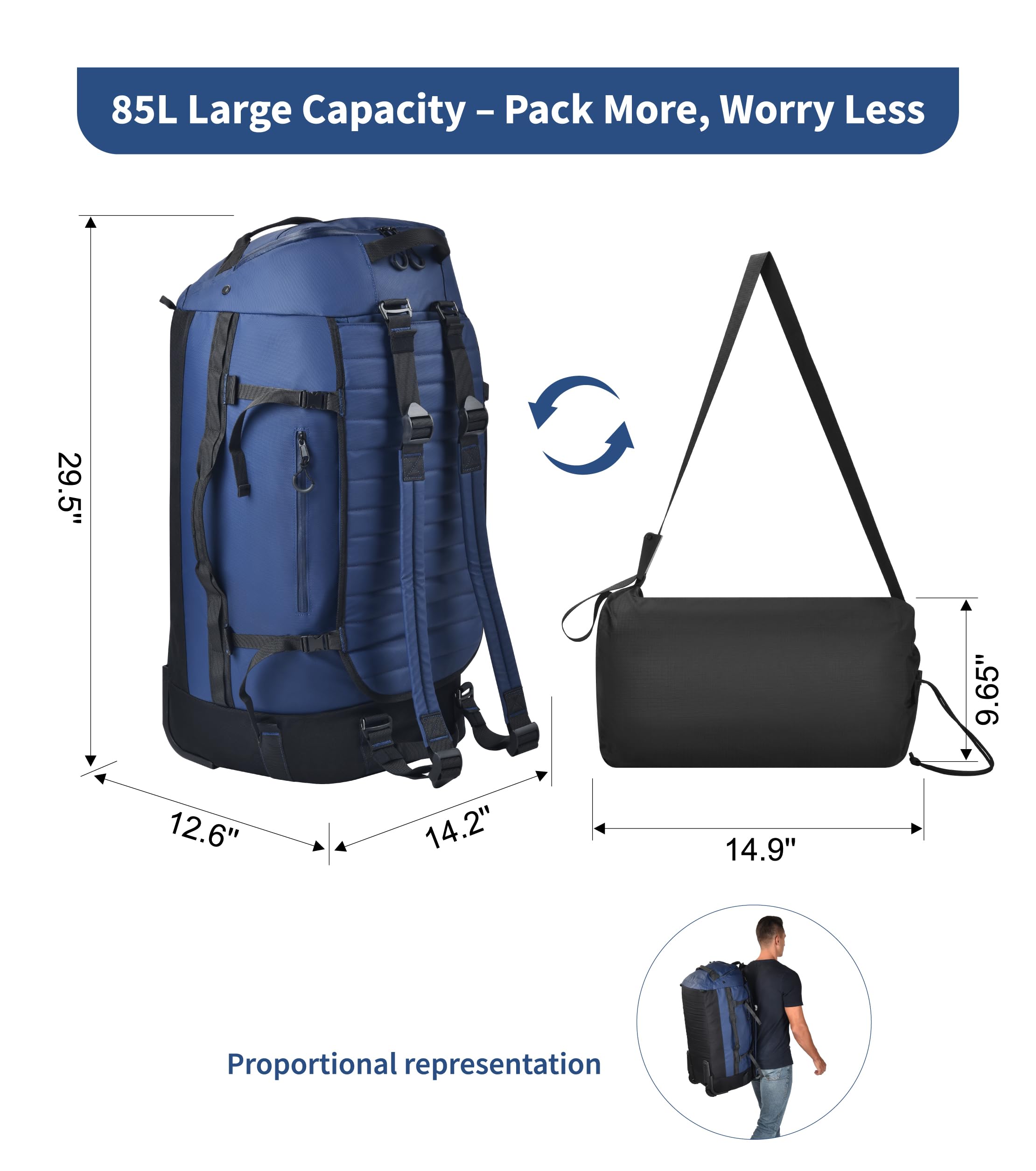 86L Foldable Rolling Duffel Backpack with Wheels – Extra Large Waterproof Convertible Travel Bag with Shoe Compartment (Blue)