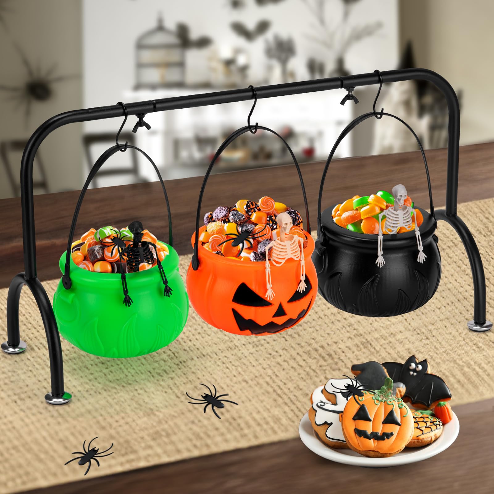 3-Tier Halloween Witch Cauldron Candy Server – Black Iron Stand with 3 Plastic Cauldron Bowls