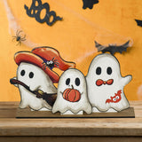 Wooden Ghost Halloween Table Decor Set – 3 Black Wooden Signs with Base for Farmhouse Holiday Display