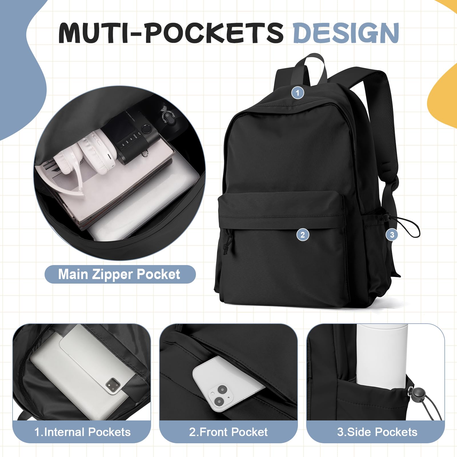 PauBack Lightweight School Backpack – Waterproof Simple Daypack for Teens, Girls & Women