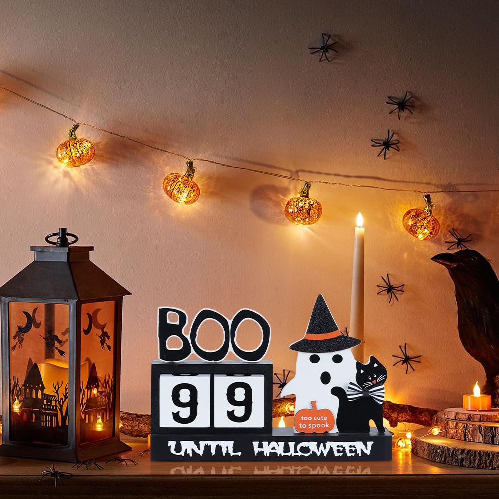 Halloween Countdown Wooden Block Decor – 99 Days to Halloween with Ghost, Cat & Pumpkin Ornaments