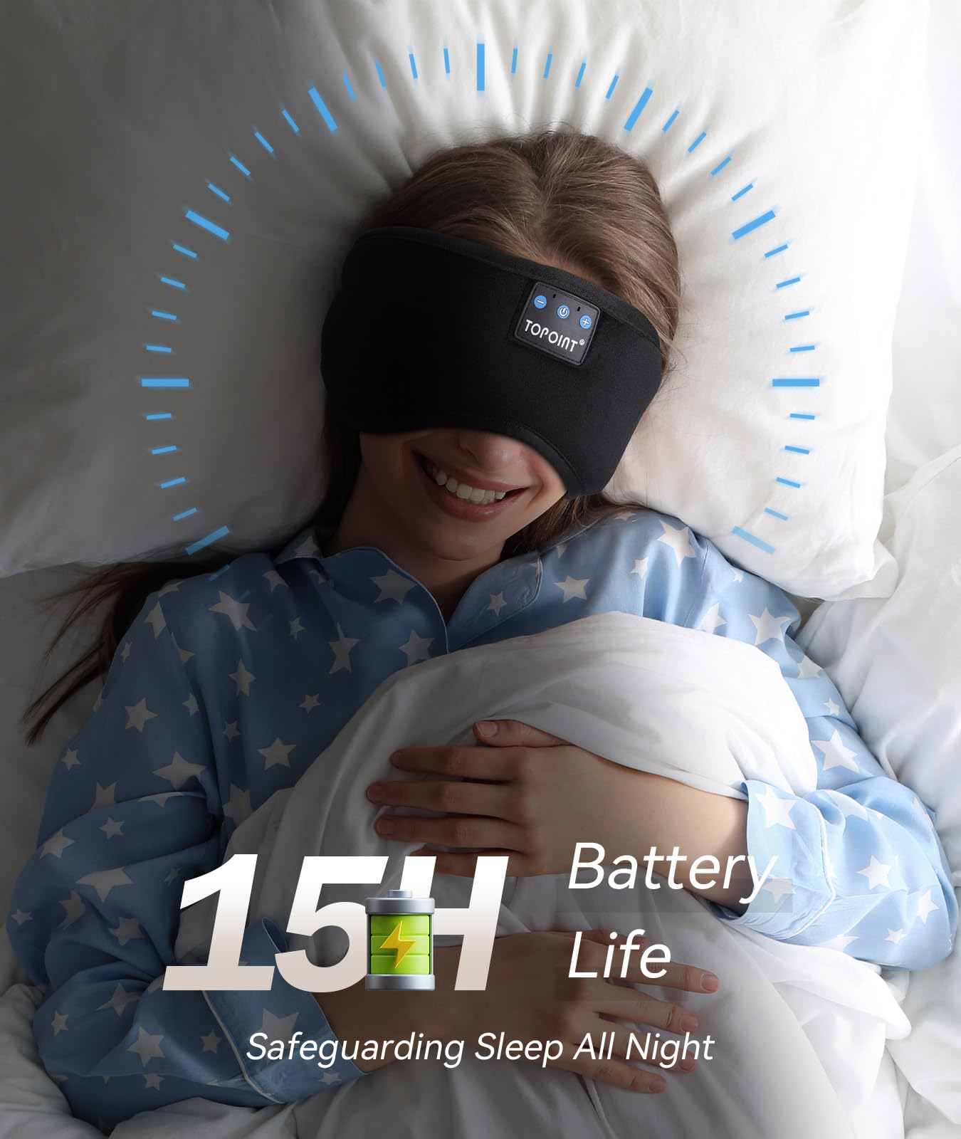 Bluetooth Sleep Mask Headphones with Light Blocking Design & 15H Battery – Soft Cotton Night Eye Mask Black
