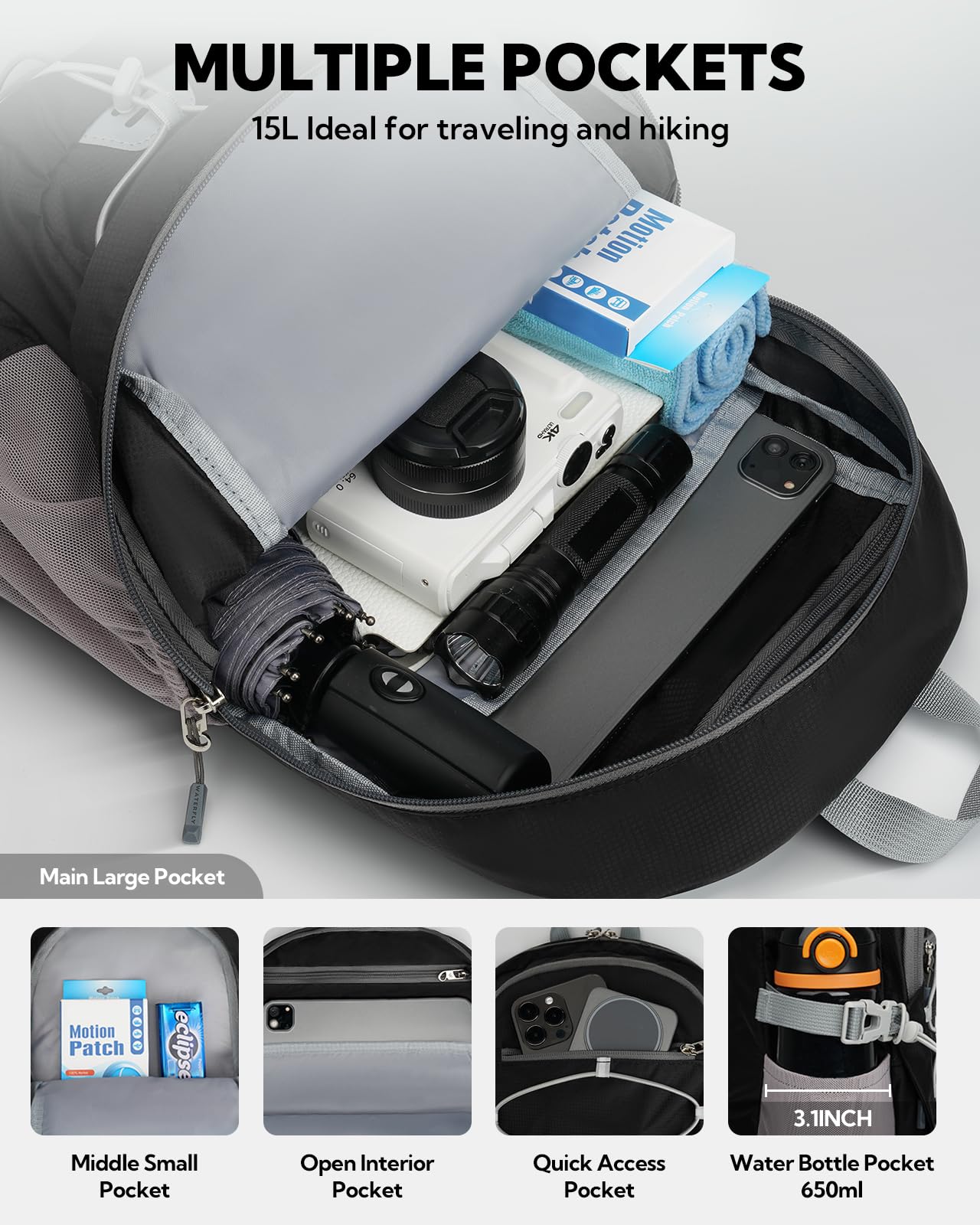 Waterfly 15L Ultra-Light Foldable Travel Backpack – Mini Packable Daypack with Breathable Straps, Black