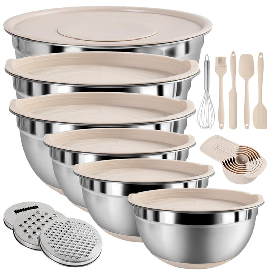 Stainless Steel Mixing Bowl Set with Airtight Lids, Graters & Non-Slip Base (6 Bowls)
