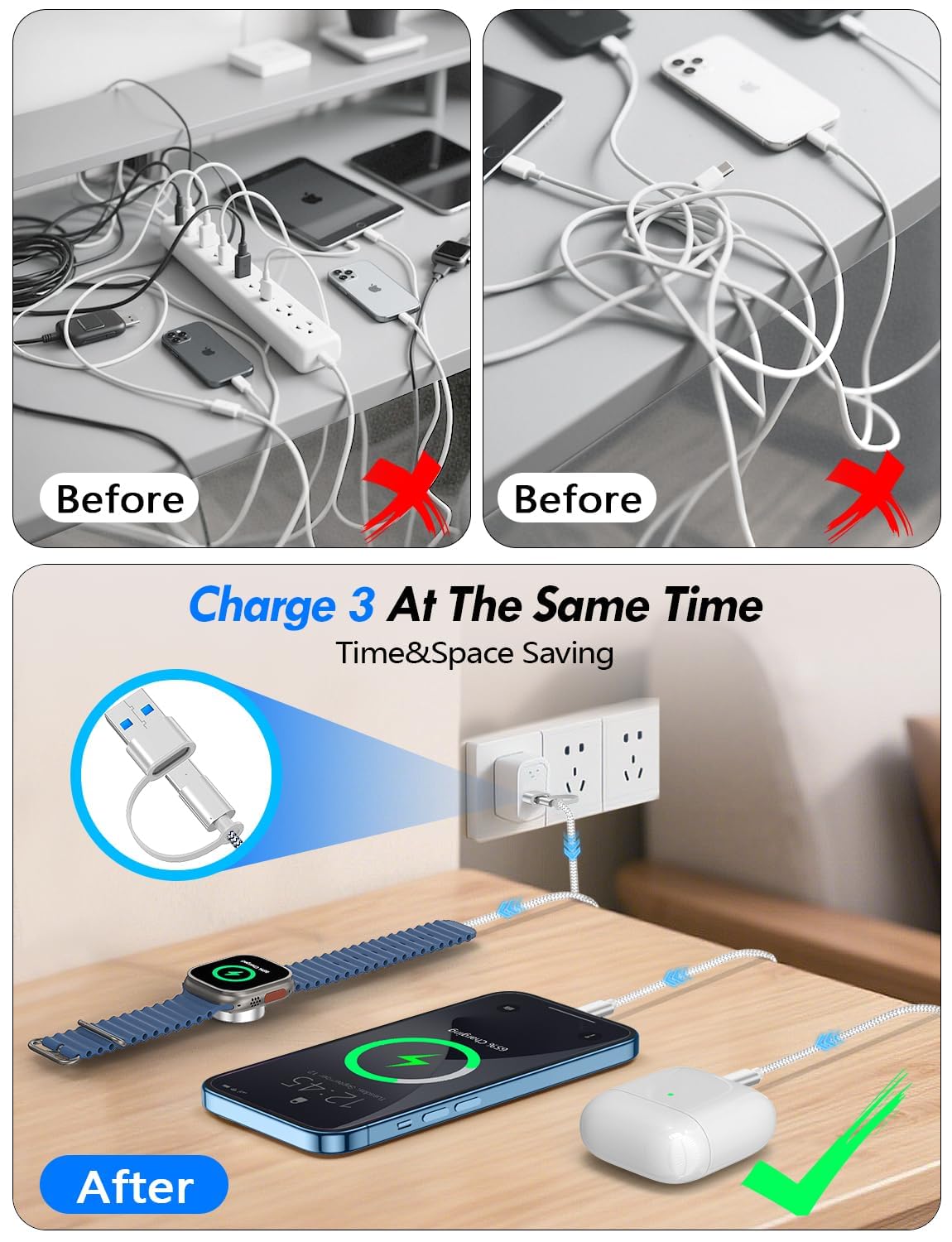 3-in-2 Magnetic Fast Charging Cable – Apple Watch & Phone Travel Charger, USB-C Combo, 4ft (All White)