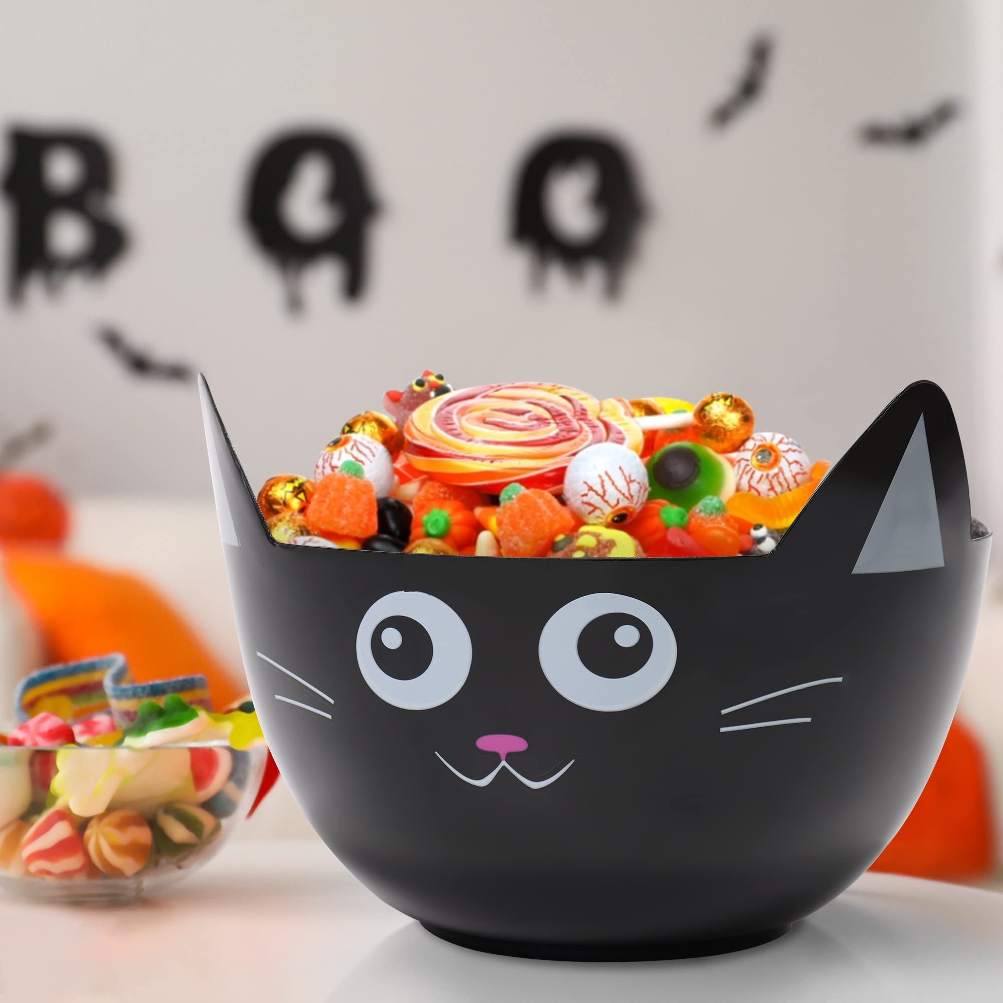 Black Cat Halloween Candy Bowls Set – 3-Pack Plastic Serving Bowls for Trick-or-Treat & Party Snacks (Black, Purple & Orange)