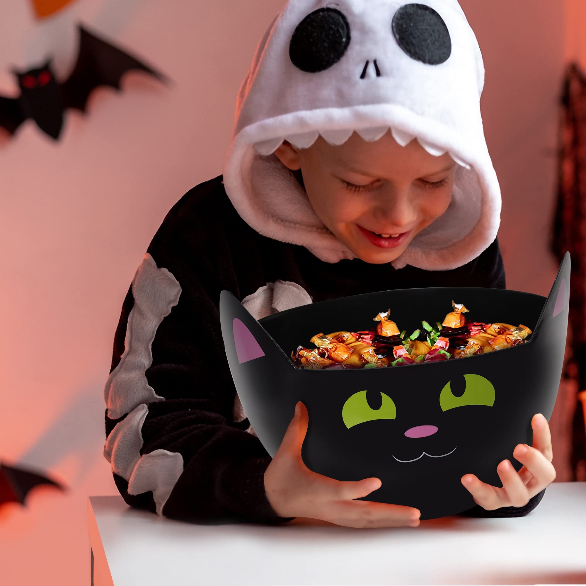 Black Cat Halloween Candy Bowls Set – 3-Pack Plastic Serving Bowls for Trick-or-Treat & Party Snacks (Black, Purple & Orange)