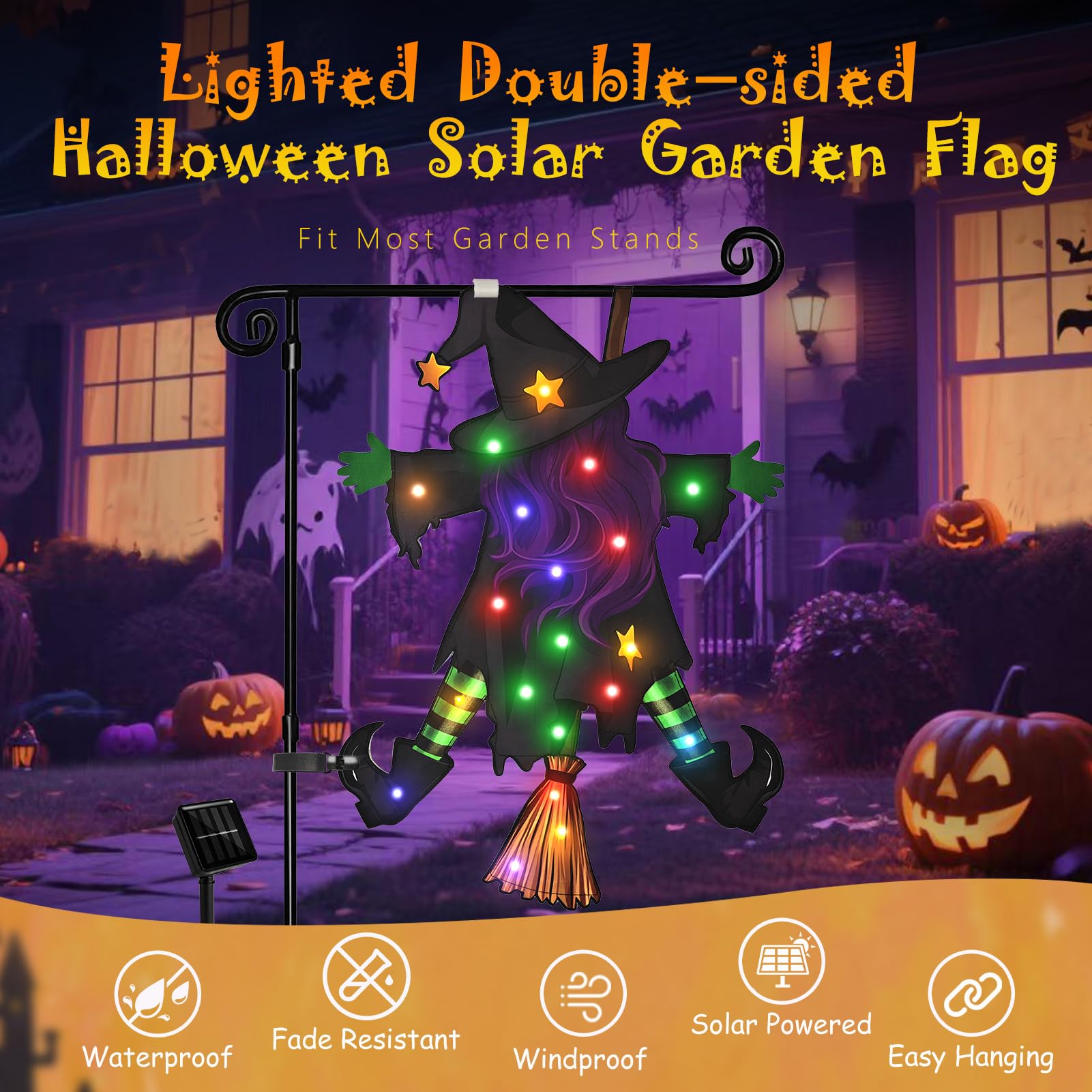 Solar Lighted Halloween Garden Flag – 23x16" Double-Sided Witch Design with 8 Lighting Modes & Weatherproof Fabric
