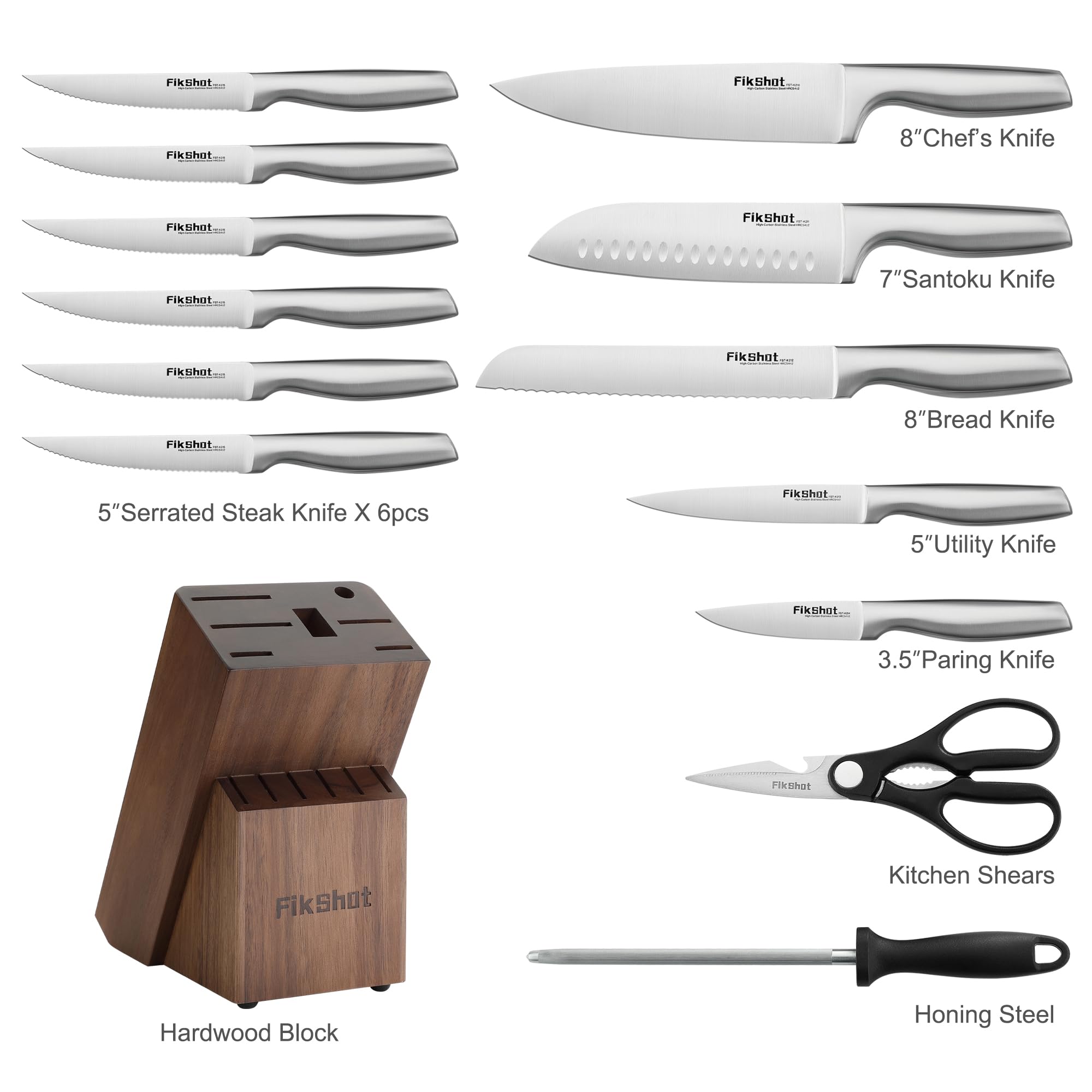 Stainless Steel Kitchen Knife Set with Wooden Block & Built-In Sharpener