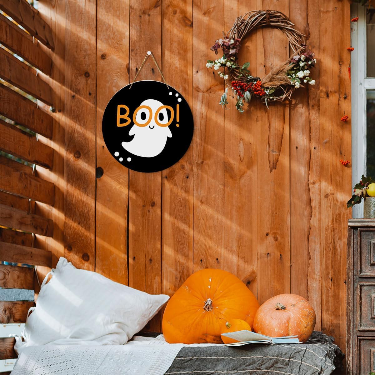 Fall Wooden Round Sign – 12" Rustic Farmhouse Hanging Autumn Decor with Jute Rope for Home & Office