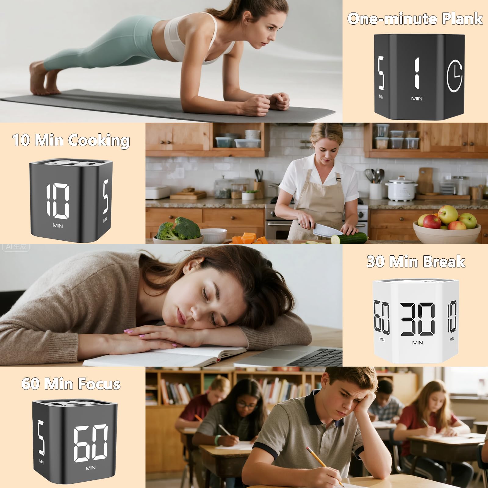 Rotating Cube Pomodoro Timer with Gravity Sensor, Preset 5/10/30/60 Min, Custom Countdown & Stopwatch, Silent Vibration Focus Timer for Office, Study & Kitchen – Black