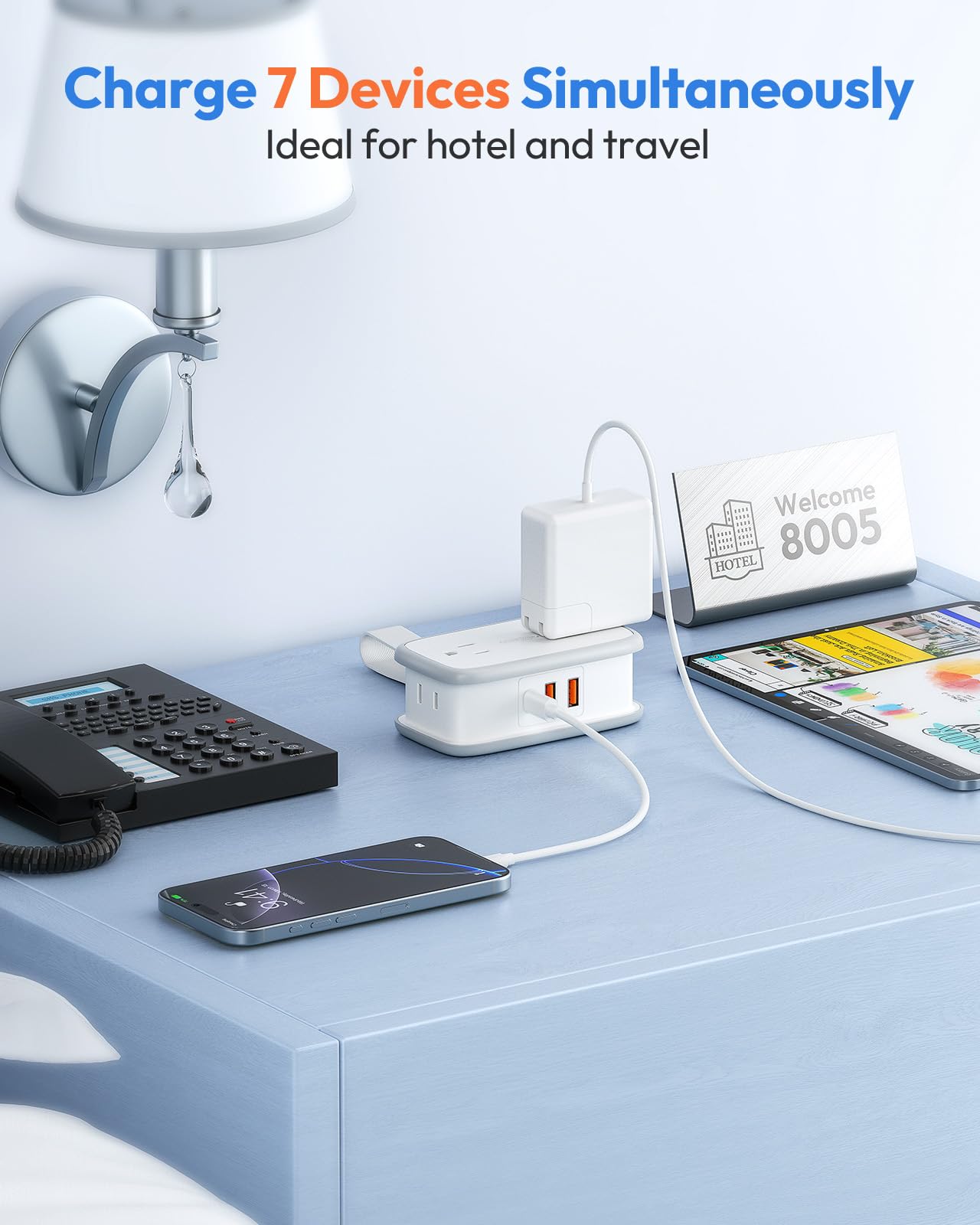 Compact Travel Power Strip with PD 20W USB-C Fast Charging – 7-Device Portable Charger with Flat Plug & Wrap Cord for Hotel, Cruise & Travel