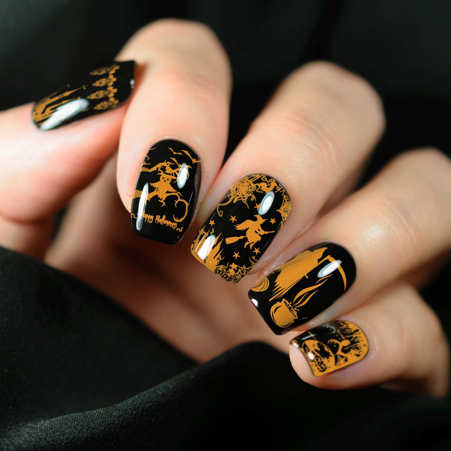 Halloween Nail Art Stamping Plates – 4pcs Stainless Steel Templates with Pumpkins, Bats, Spiders & Witch Patterns