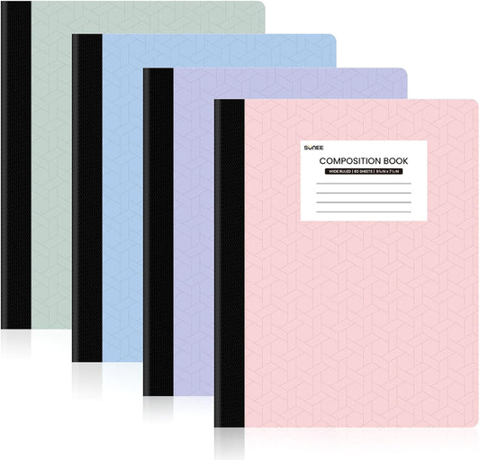 4-Pack Wide Ruled Composition Notebooks with 160 Pages and Durable Sewn Binding