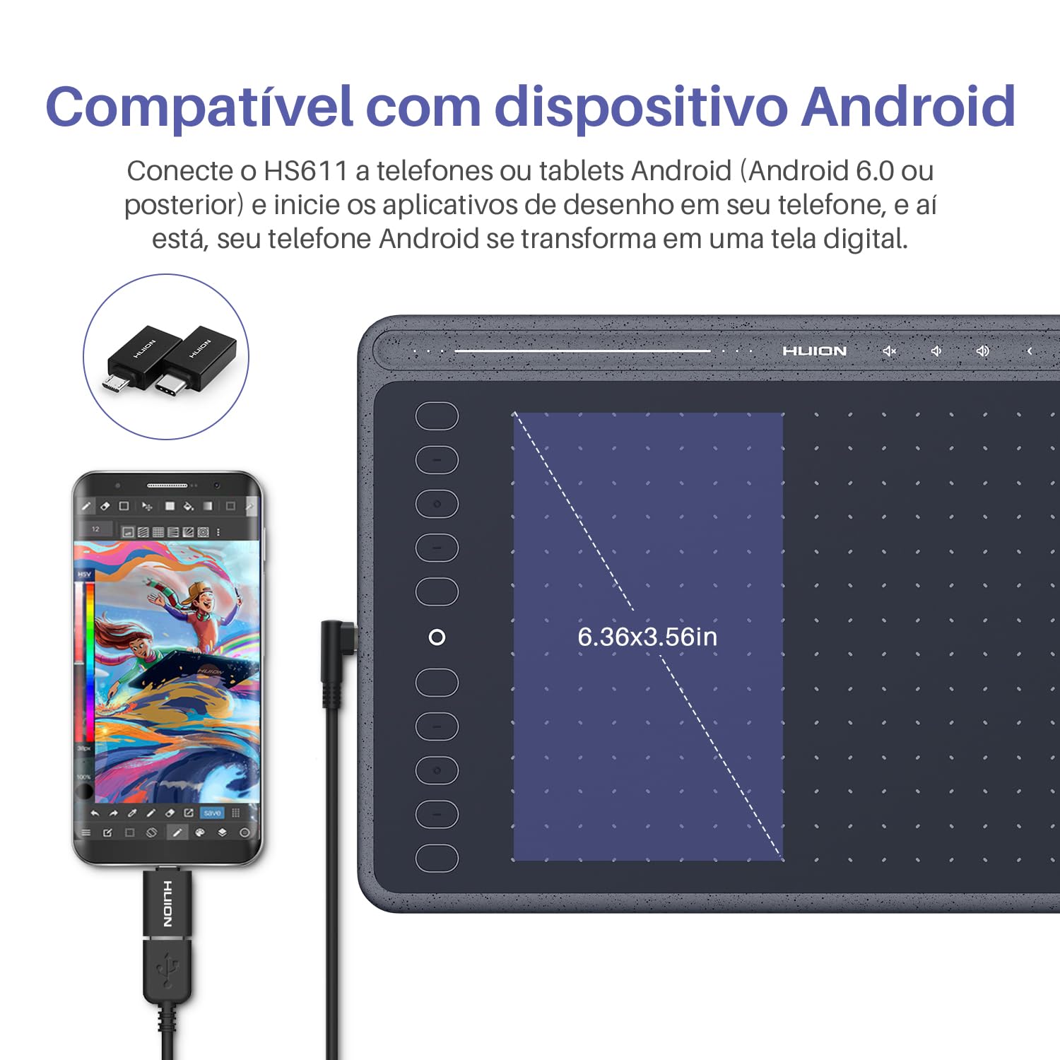 Huion HS611 Graphics Drawing Tablet with Multimedia Keys & Battery-Free Stylus (Space Grey)
