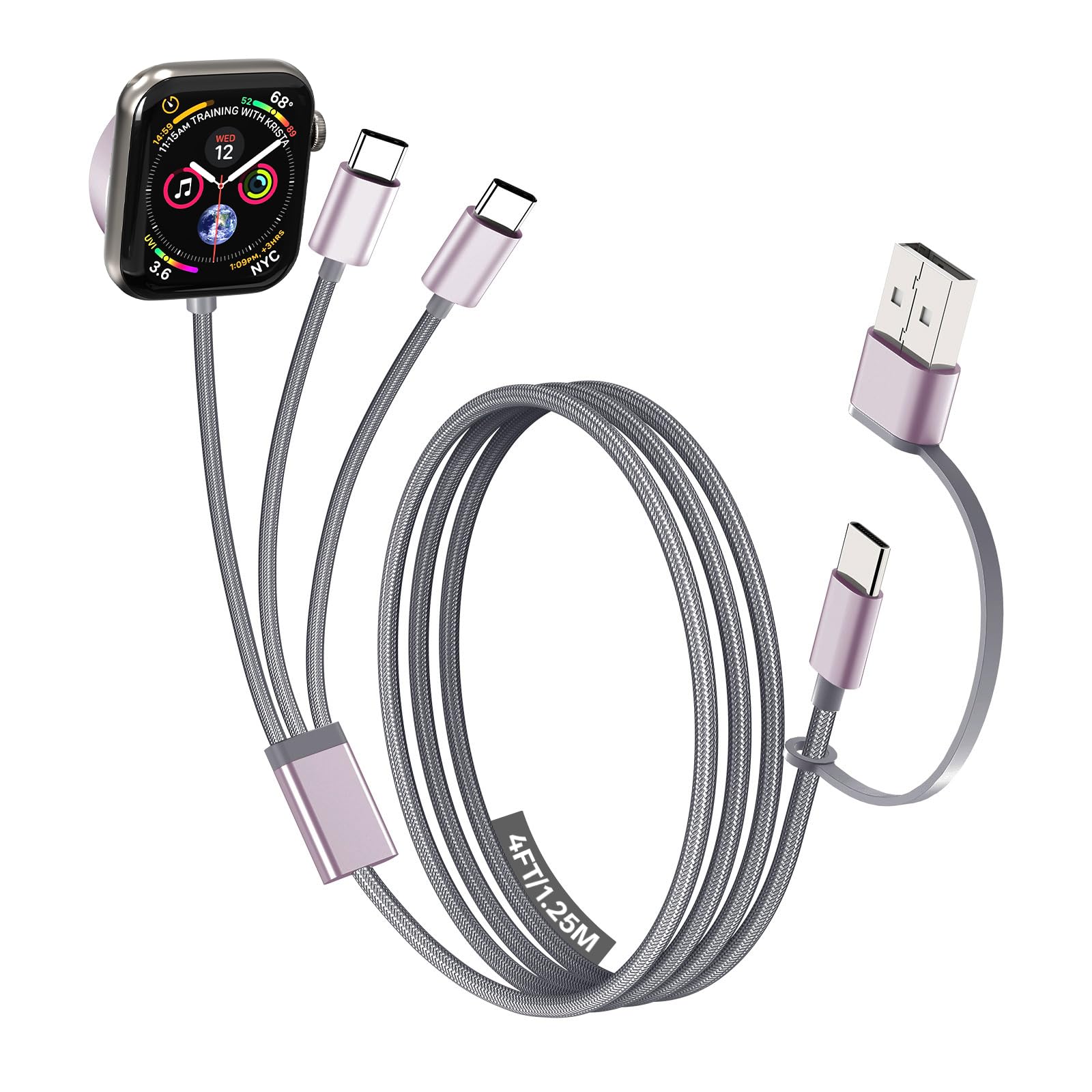 3-in-2 Fast Charging Cable with Dual USB-C & Magnetic Watch Charger – Multi Device Travel Charging Cord Grey