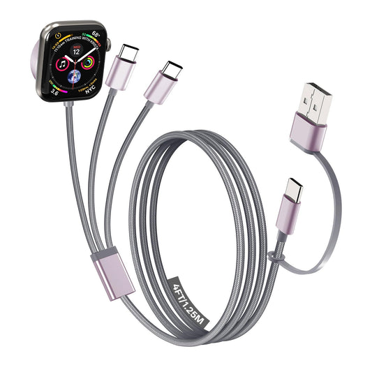 3-in-2 Fast Charging Cable with Dual USB-C & Magnetic Watch Charger – Multi Device Travel Charging Cord Grey