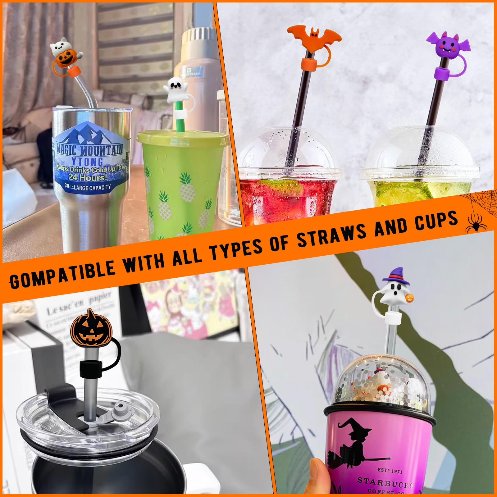 9 Pcs Halloween Silicone Straw Toppers – Pumpkin, Ghost & Bat Covers for Stanley 30/40oz Tumblers