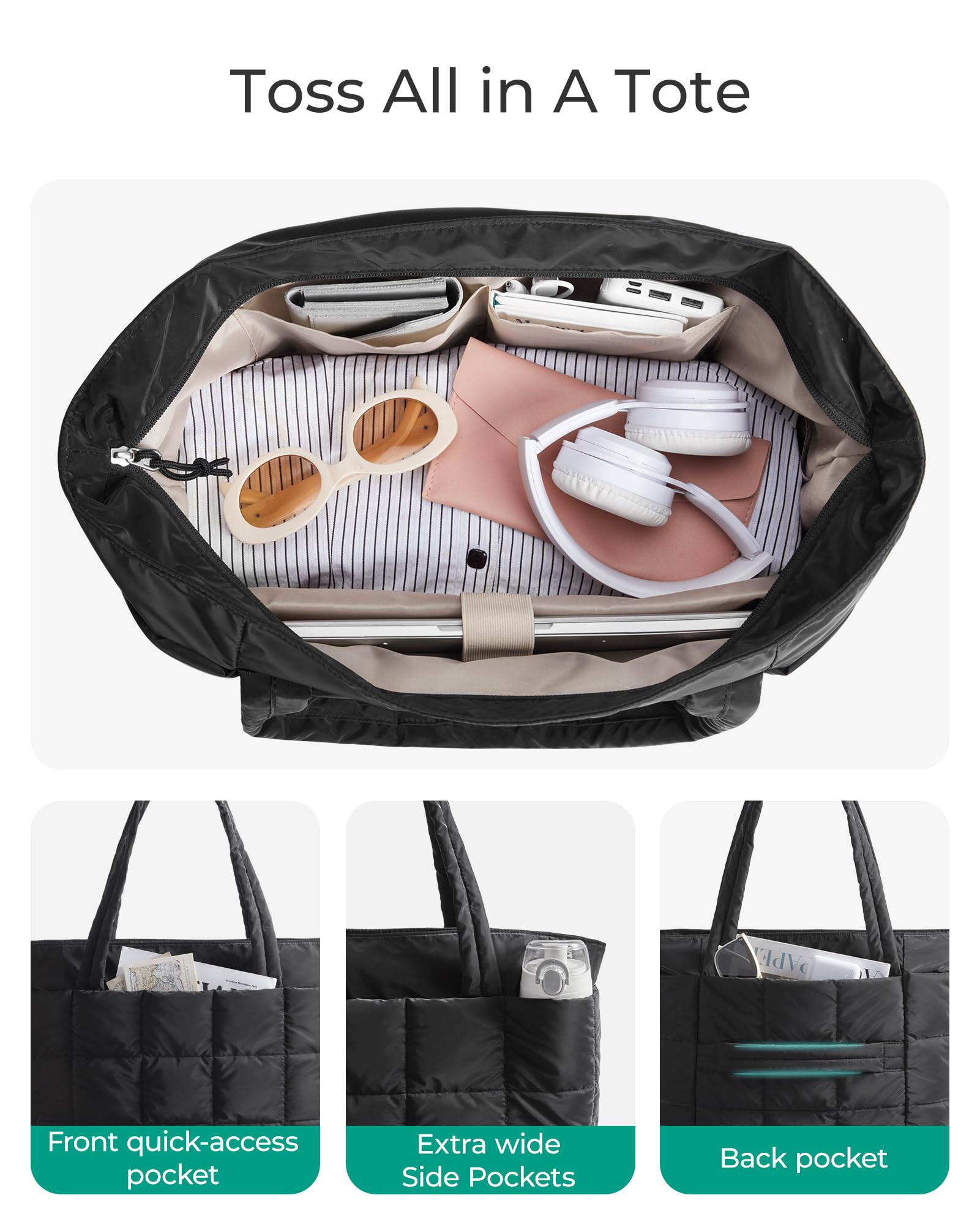 BAGSMART Expandable Puffy Tote Bag for Women – Quilted Work & Travel Carry-On Handbag (Black, Large)